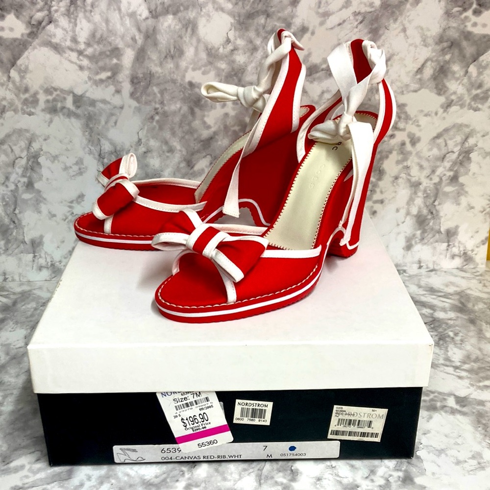Marc Jacob’s red/white open toe bow, ankle tie retro style wedges size 7 new